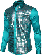 Mens Dress Shirt Silver Sequins Long Sleeve Button Down Disco Shirt Party Costume