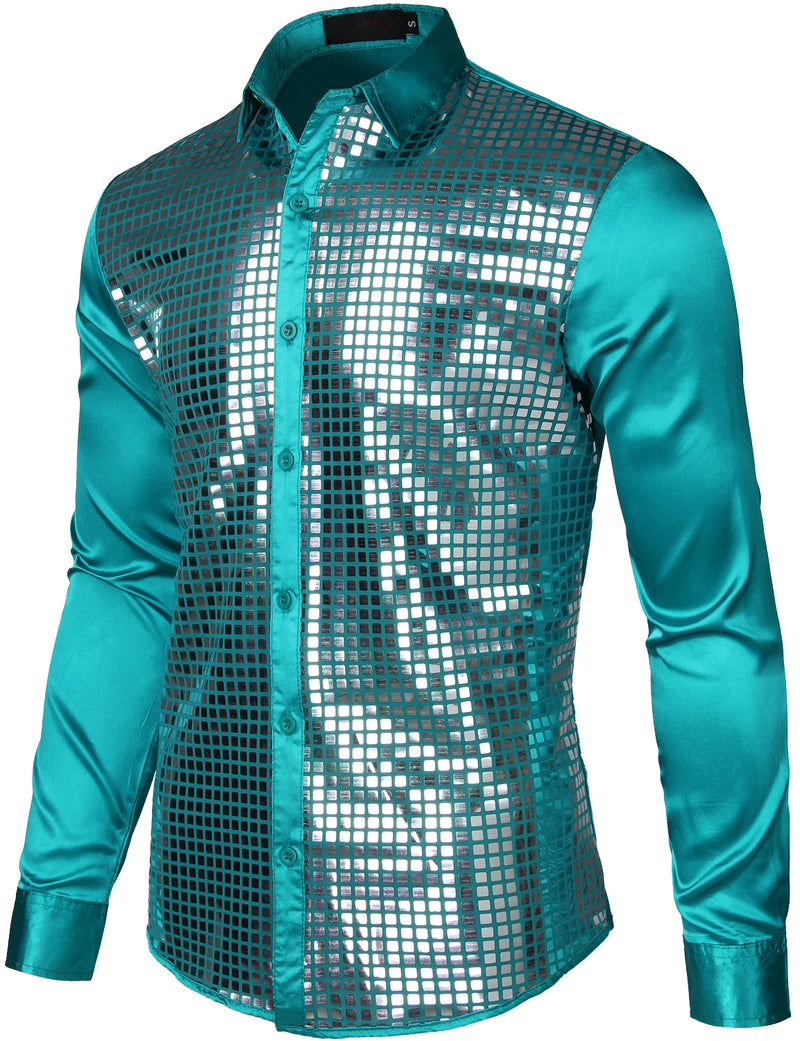 Mens Dress Shirt Silver Sequins Long Sleeve Button Down Disco Shirt Party Costume