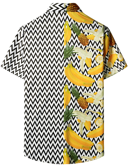 Men's Banana Pineapple Black and White Wave Print Pocket Vacation Tropical Fruit Short Sleeve Summer Vacation Beach Shirt