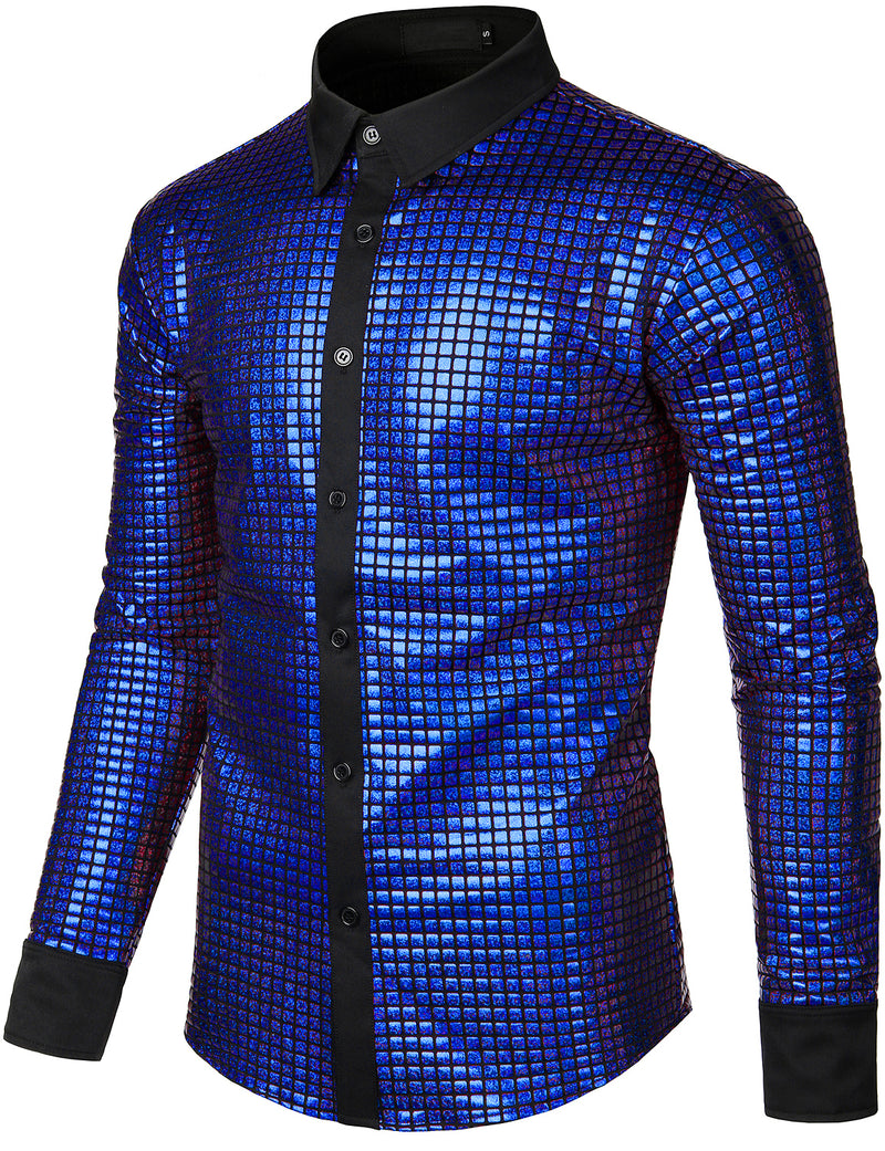Men's Dress Shirt Sequins Button Down Long Sleeve Shirts Disco Party Costume