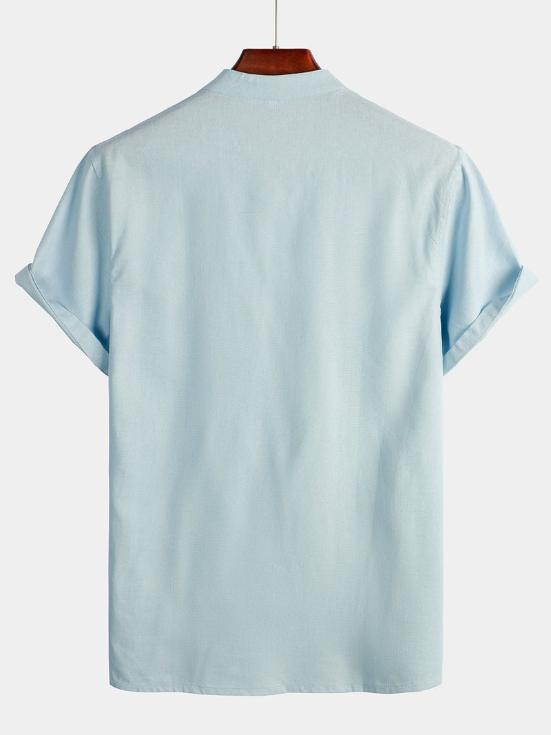 Men's Solid Color Stand Collar Half Button Pocket Front Shirt