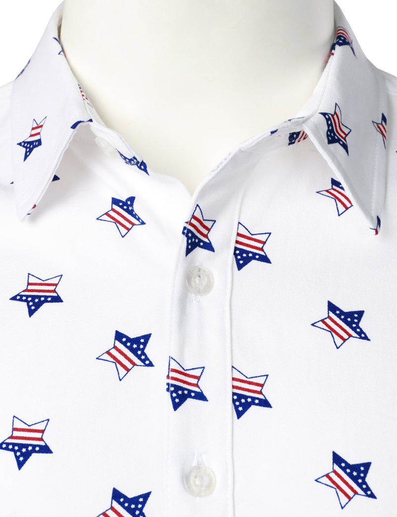 Men's Stars and Flag Print White Button Long Sleeve Shirt