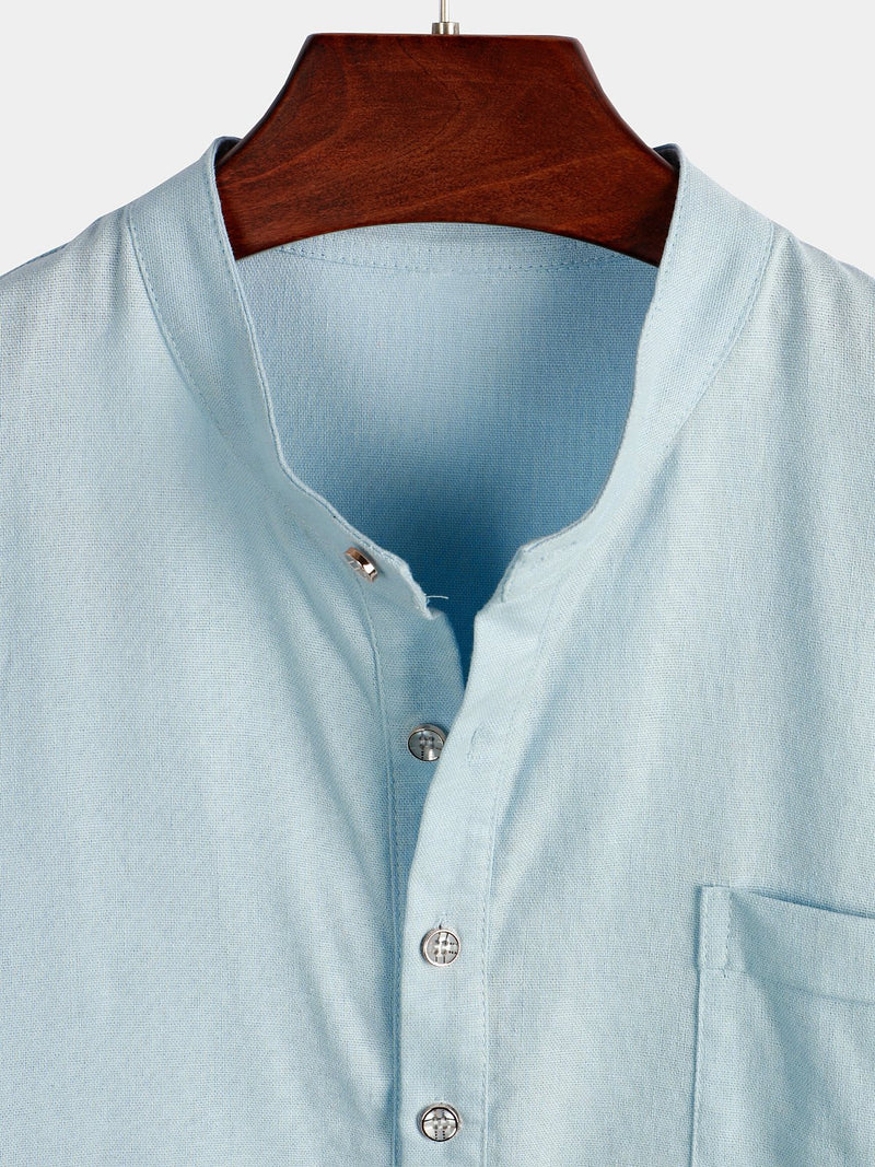 Men's Solid Color Stand Collar Half Button Pocket Front Shirt