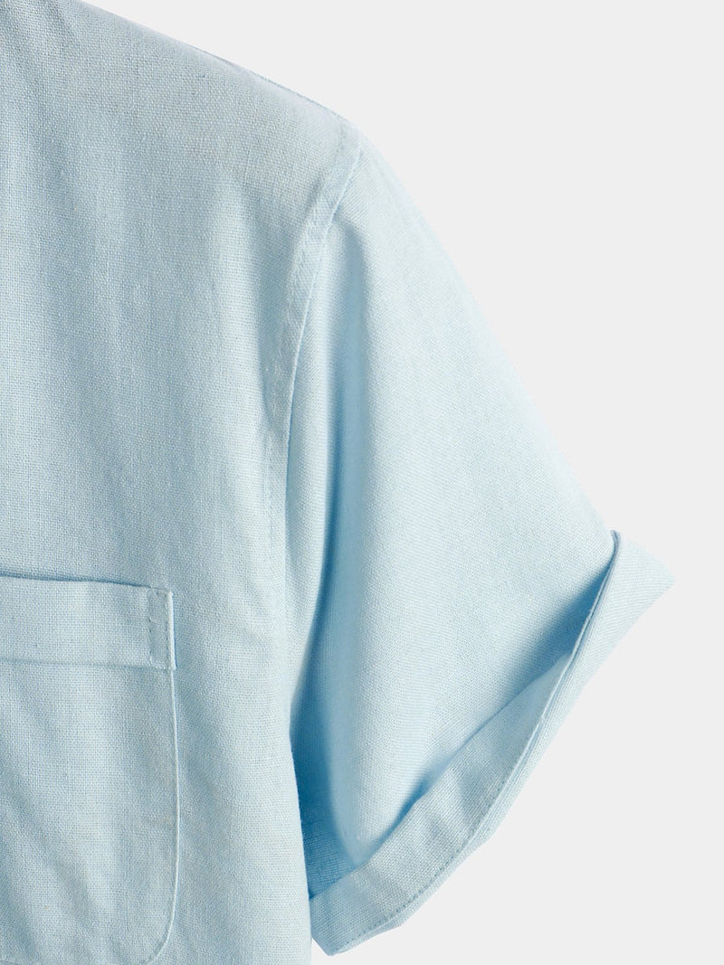 Men's Solid Color Stand Collar Half Button Pocket Front Shirt