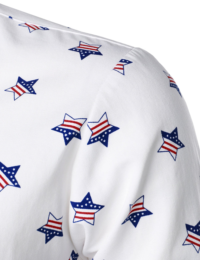 Men's Stars and Flag Print White Button Long Sleeve Shirt