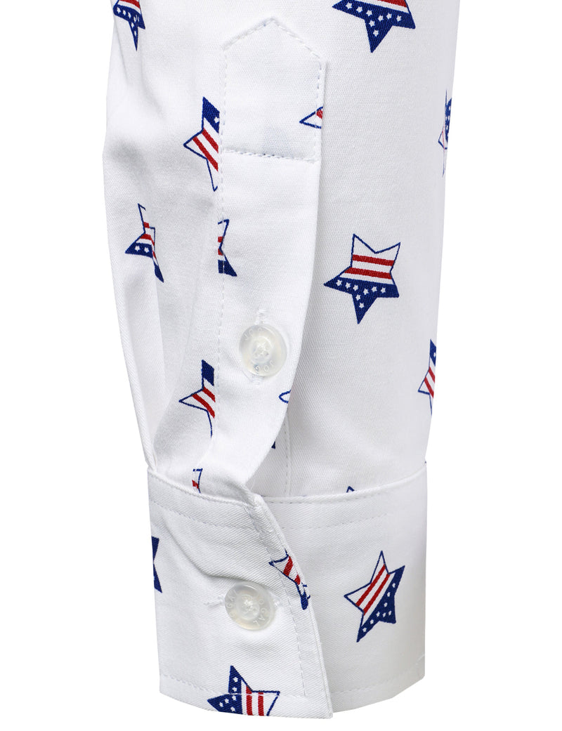 Men's Stars and Flag Print White Button Long Sleeve Shirt