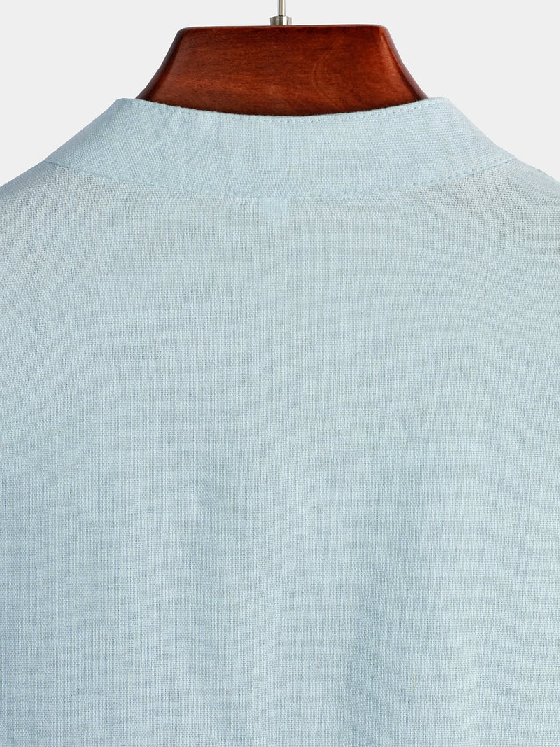 Men's Solid Color Stand Collar Half Button Pocket Front Shirt