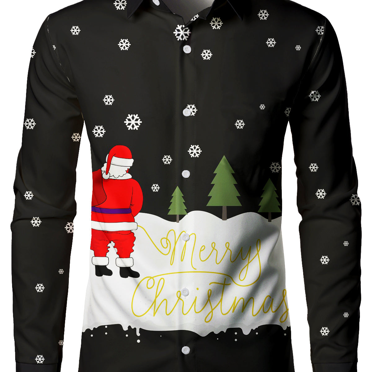 Men's Funny Santa Claus Piss Novelty Merry Christmas Black Long Sleeve Ugly Button Up Shirt