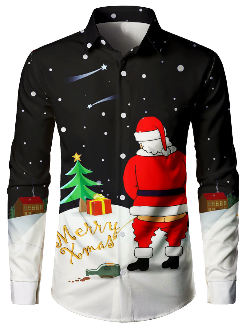 Men's Novelty Santa Piss Merry Christmas Print Button Up Long Sleeve Funny Ugly Christmas Shirt