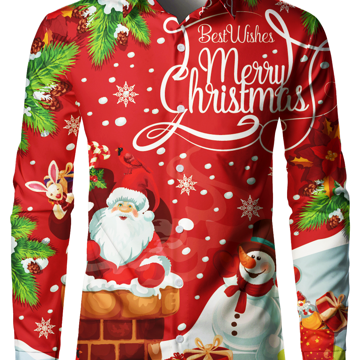 Men's Merry Christmas Santa Print Holiday Party Button Up Long Sleeve Shirt