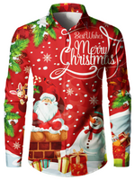 Men's Merry Christmas Santa Print Holiday Party Button Up Long Sleeve Shirt