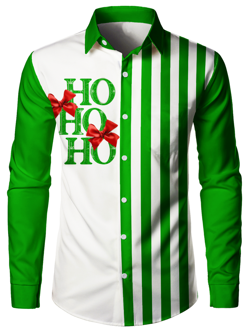 Men's Green Striped Ho Ho Button Up Christmas Long Sleeve Shirt
