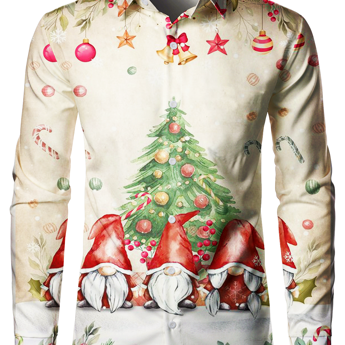 Men's Cute Gnome Christmas Button Up Long Sleeve Xmas Day Holiday Party Shirt