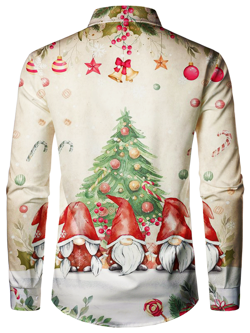 Men's Cute Gnome Christmas Button Up Long Sleeve Xmas Day Holiday Party Shirt