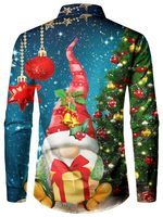 Men's Cute Gnome And Christmas Tree Button Up Long Sleeve Shirt