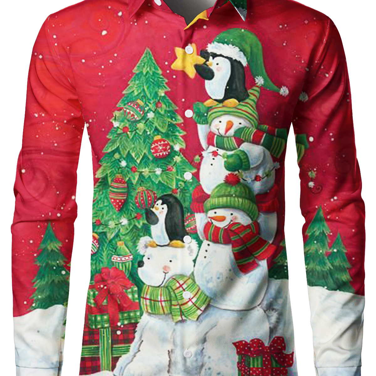 Men's Snowman And Christmas Tree Red Button Up Long Sleeve Shirt