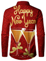 Men's Happy New Year Red Holiday Party Long Sleeve Cocktail Shirt