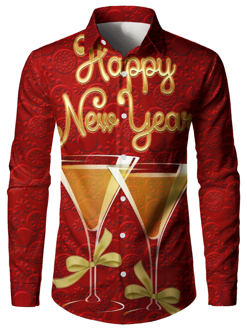 Men's Happy New Year Red Holiday Party Long Sleeve Cocktail Shirt