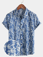 Men's Blue Tropical Leaf Print Top Cotton Button Up Short Sleeve Shirt
