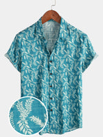 Men's Blue Floral Print Retro Flower Holiday Cotton Beach Short Sleeve Breathable Button Up Shirt