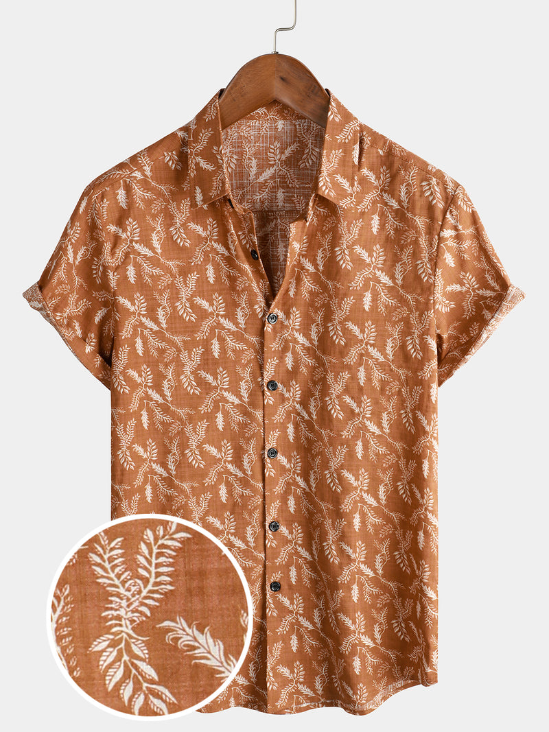 Men's Floral Print Vintage Brown Flower Holiday Cotton Retro Short Sleeve Breathable Button Up Shirt