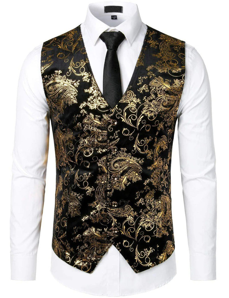 Mens Hipster Metallic Paisley Printed Single Breasted V-Neck Suit Vest/Tuxedo Waistcoat