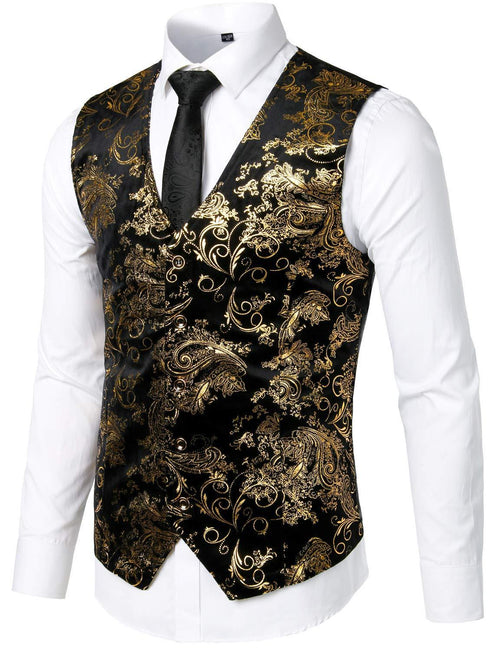 Mens Hipster Metallic Paisley Printed Single Breasted V-Neck Suit Vest/Tuxedo Waistcoat