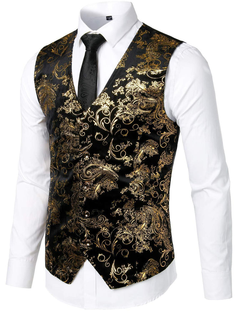 Mens Hipster Metallic Paisley Printed Single Breasted V-Neck Suit Vest/Tuxedo Waistcoat