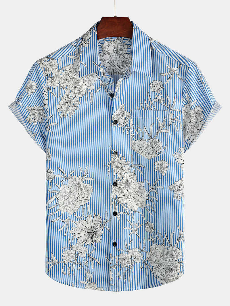Men's Striped & Floral Print Short Sleeve Shirt
