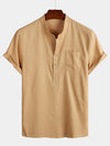 Men's Solid Color Stand Collar Half Button Pocket Front Shirt
