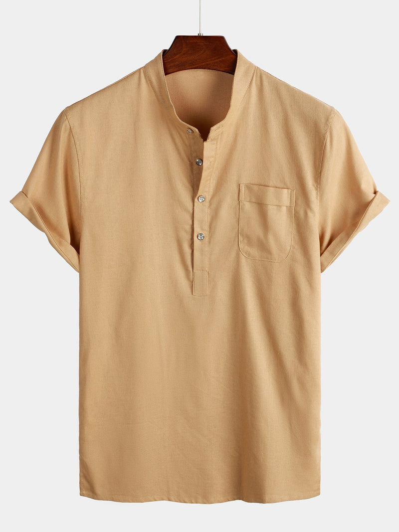 Men's Solid Color Stand Collar Half Button Pocket Front Shirt