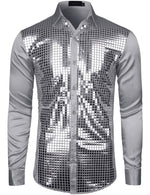 Mens Dress Shirt Silver Sequins Long Sleeve Button Down Disco Shirt Party Costume