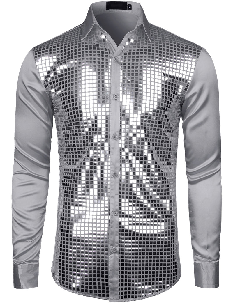 Mens Dress Shirt Silver Sequins Long Sleeve Button Down Disco Shirt Party Costume