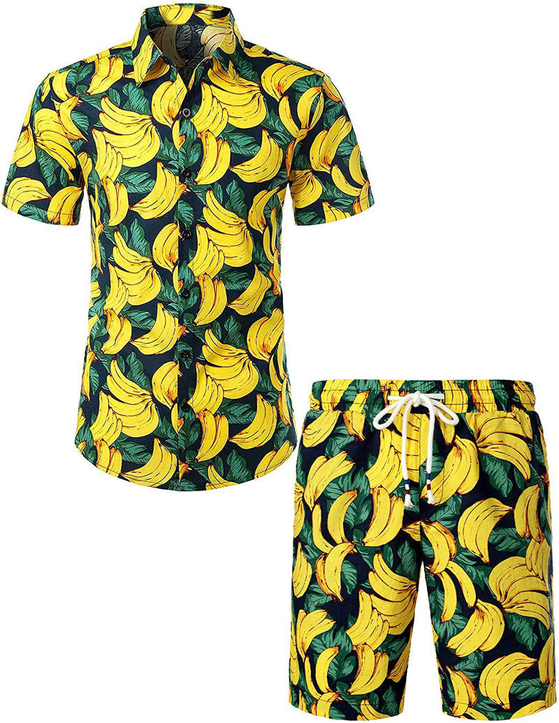 Men's Banana Print Cotton Hawaiian Shirt & Shorts Set