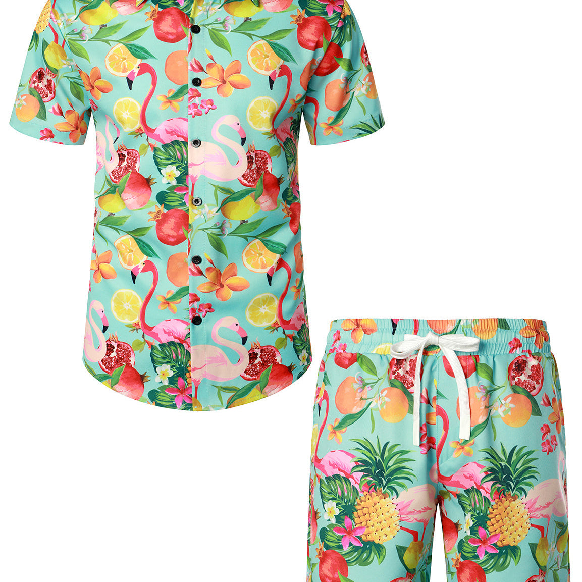 Men's Flamingo Pineapple Print Hawaiian Shirt & Shorts Set