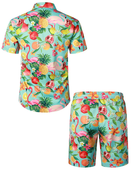 Men's Flamingo Pineapple Print Hawaiian Shirt & Shorts Set