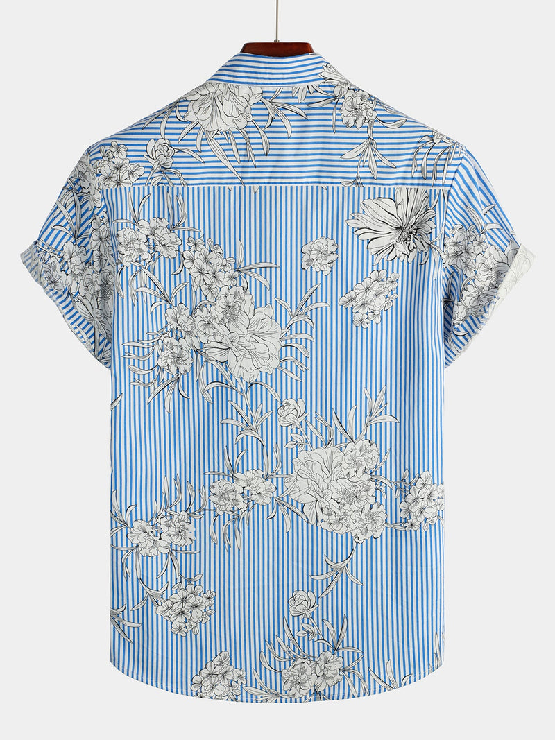 Men's Striped & Floral Print Short Sleeve Shirt