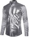 Mens Dress Shirt Silver Sequins Long Sleeve Button Down Disco Shirt Party Costume