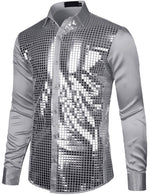 Mens Dress Shirt Silver Sequins Long Sleeve Button Down Disco Shirt Party Costume
