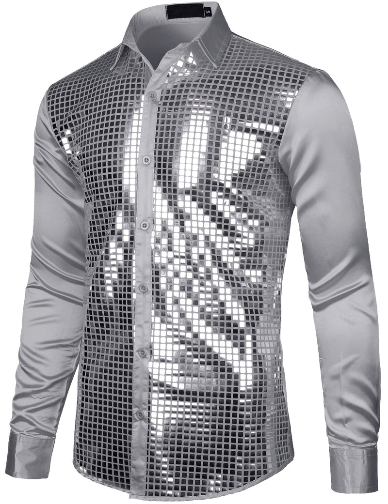 Mens Dress Shirt Silver Sequins Long Sleeve Button Down Disco Shirt Party Costume