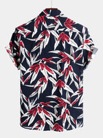Men's Navy Blue Floral Holiday Short Sleeve Cotton Shirt