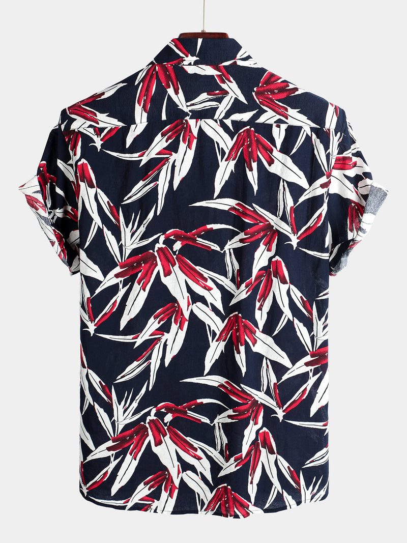 Men's Navy Blue Floral Holiday Short Sleeve Cotton Shirt