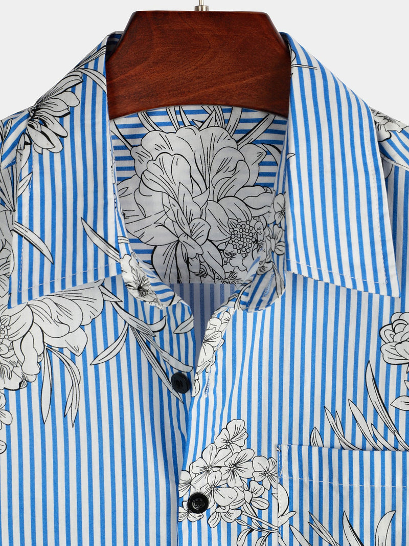 Men's Striped & Floral Print Short Sleeve Shirt