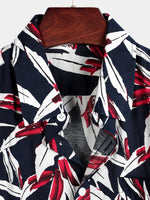 Men's Navy Blue Floral Holiday Short Sleeve Cotton Shirt