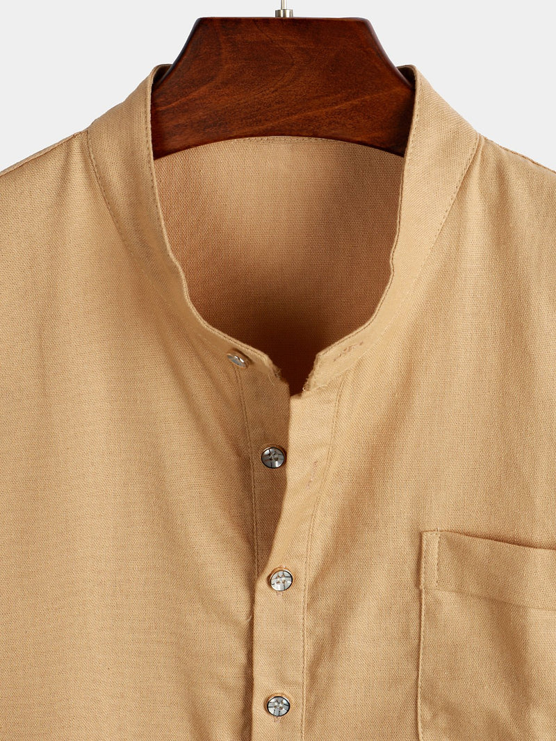 Men's Solid Color Stand Collar Half Button Pocket Front Shirt