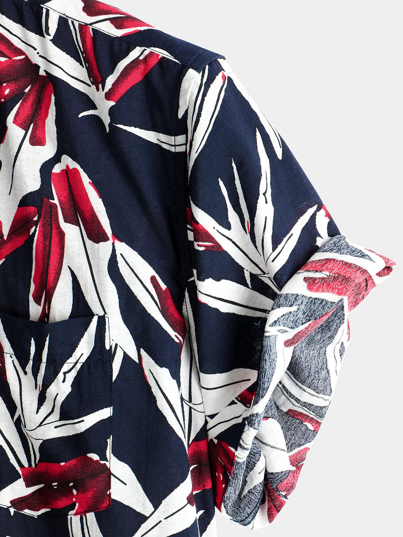 Men's Navy Blue Floral Holiday Short Sleeve Cotton Shirt