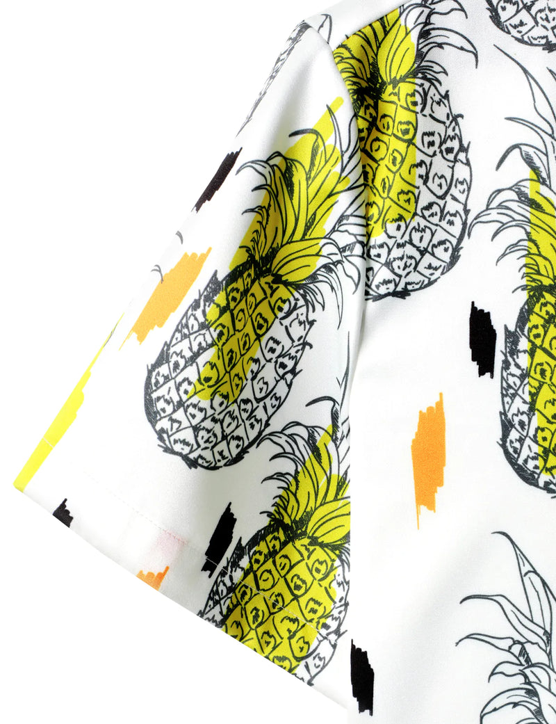 Men's Pineapple Tropical Fruit Print Pocket Hawaiian Button Up Summer Vacation Beach Aloha Short Sleeve Shirt