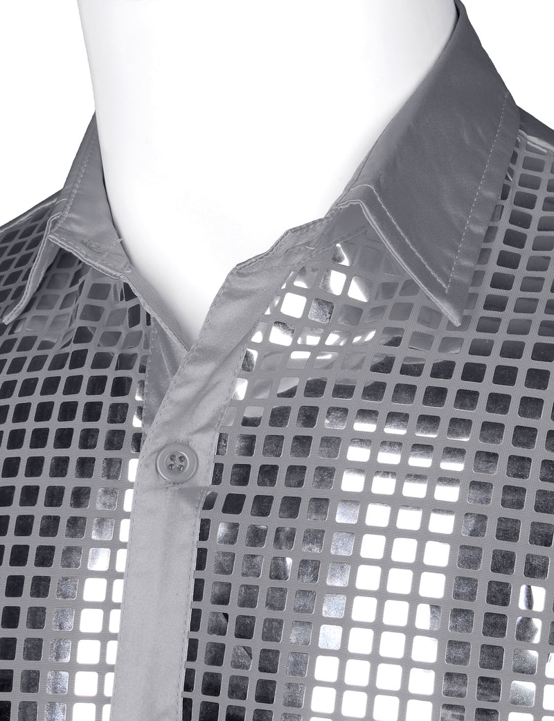 Mens Dress Shirt Silver Sequins Long Sleeve Button Down Disco Shirt Party Costume