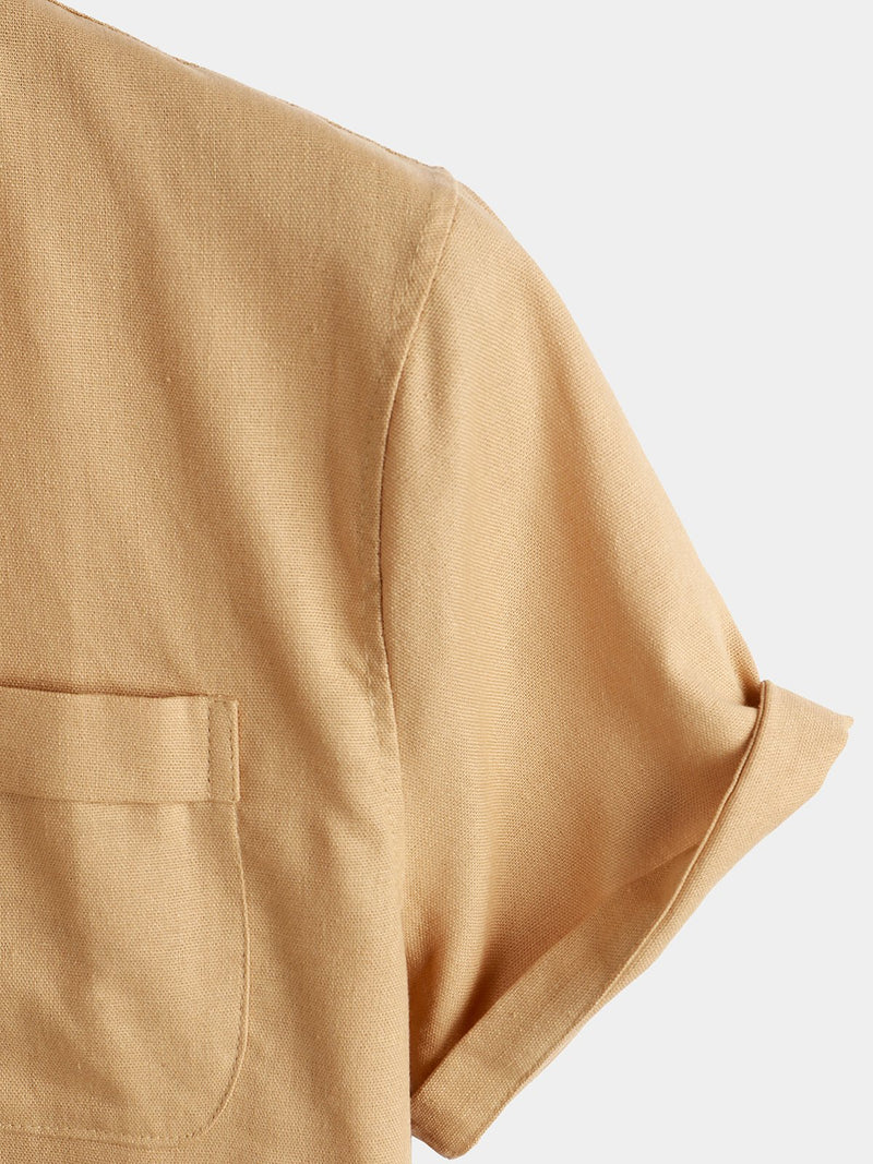 Men's Solid Color Stand Collar Half Button Pocket Front Shirt