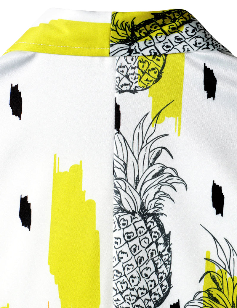 Men's Pineapple Tropical Fruit Print Pocket Hawaiian Button Up Summer Vacation Beach Aloha Short Sleeve Shirt